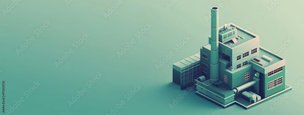 Naklejka premium Isometric 3d icon of Architecture of manufactures house on flat color background with Copy space, creative banner template for industrial working plants with chimney tower or pipes