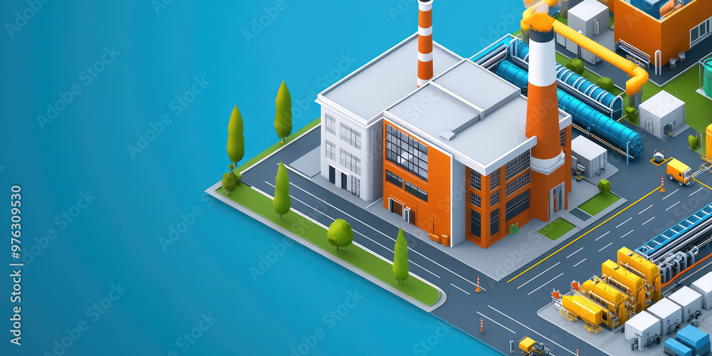 Isometric 3d icon of Architecture of manufactures house on flat color background with Copy space, creative banner template for industrial working plants with chimney tower or pipes Isometric 3d icon of Architecture of manufactures house on flat color background with Copy space, creative banner template for industrial working plants with chimney tower or pipes