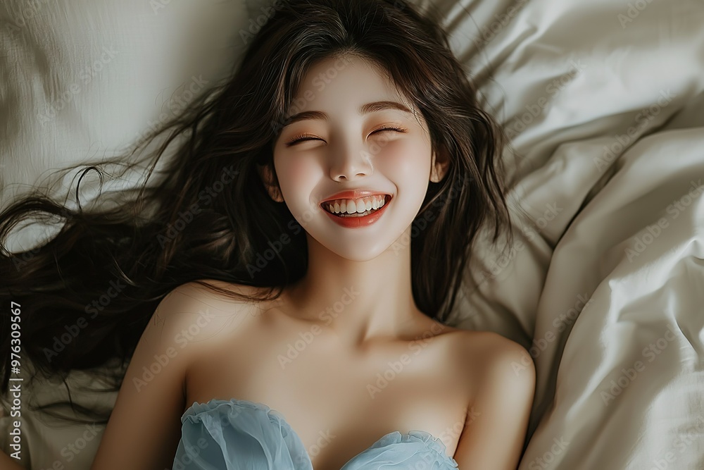 Beautiful Korean women, in a happy mood, wearing a blue dress, smiling and laughing, with a white pillow in the background, laying on a bed, in natural light, captured with a Canon EOS