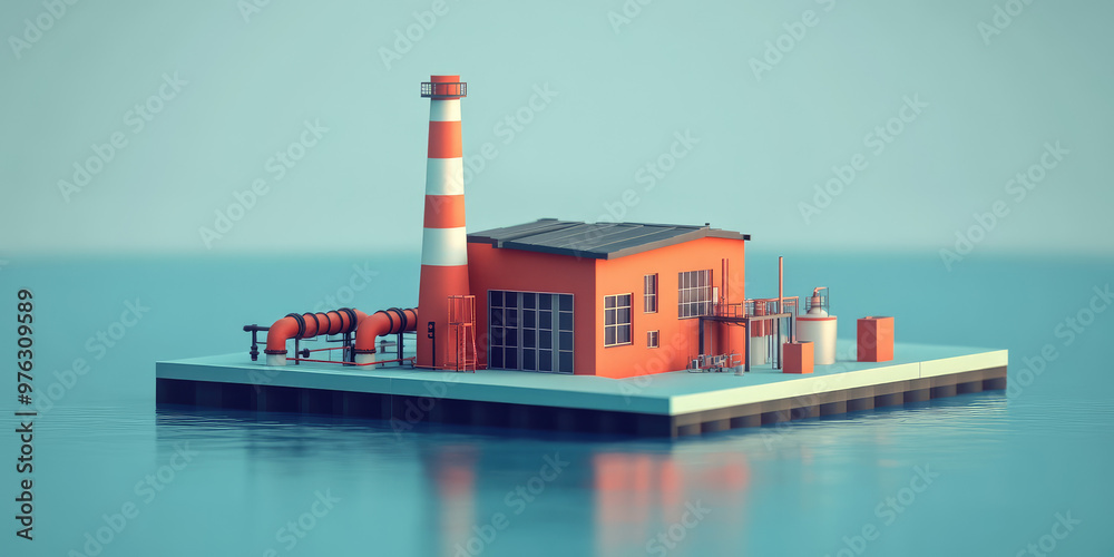 Obraz premium Isometric 3d icon of Architecture of manufactures house on flat color background with Copy space, creative banner template for industrial working plants with chimney tower or pipes