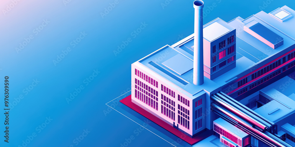 Fototapeta premium Isometric 3d icon of Architecture of manufactures house on flat color background with Copy space, creative banner template for industrial working plants with chimney tower or pipes
