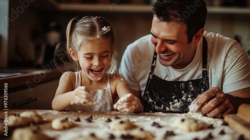 A father and daughter are happily baking chocolate chip cookies, surrounded by flour and dough