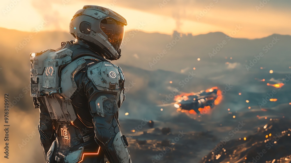 A futuristic soldier stands in a war-torn landscape, watching a burning spaceship in the distance. A futuristic soldier stands in a war-torn landscape, watching a burning spaceship in the distance.