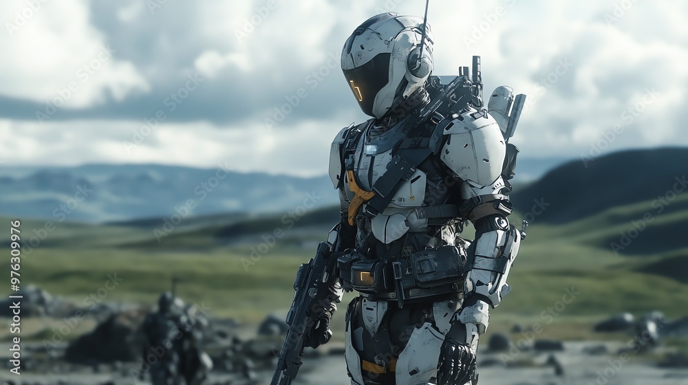 A futuristic soldier in advanced armor stands on a desolate battlefield, with other soldiers in the background. A futuristic soldier in advanced armor stands on a desolate battlefield, with other soldiers in the background.