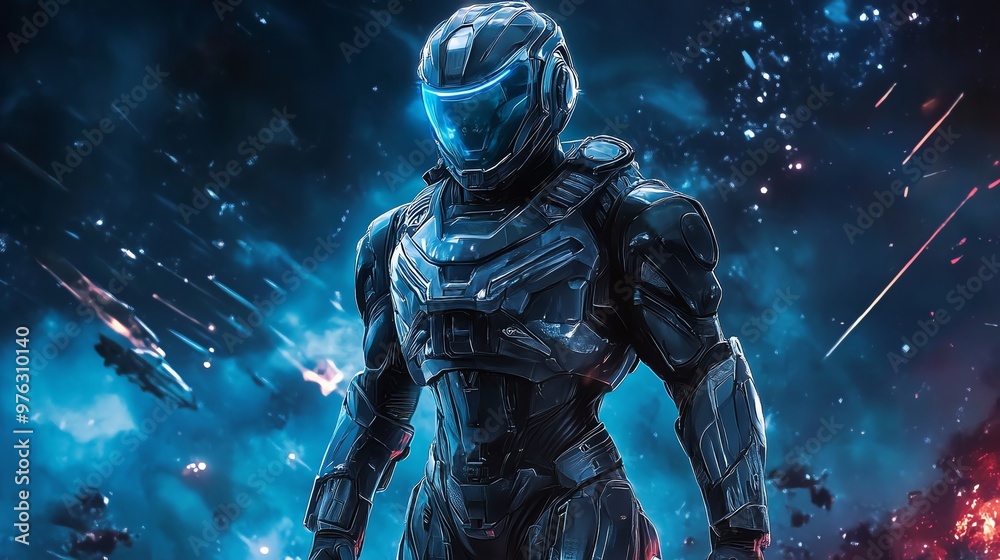 Fototapeta premium A futuristic soldier in a dark blue power armor stands against a backdrop of a space battle, ready for action.
