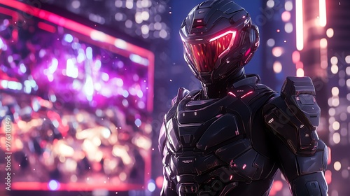 A futuristic soldier in a black power armor stands in a brightly lit city at night. photo