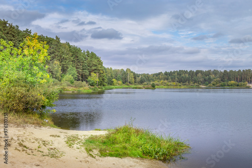 A lake with a forest in the background