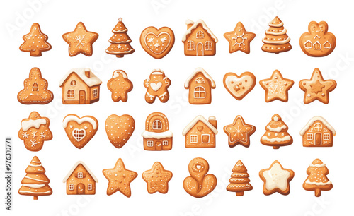Cartoon gingerbread cookies. Christmas baking tree house star heart xmas pastry sugar powdered ginger snap biscuits, delicious sweets isolated vector set on white background