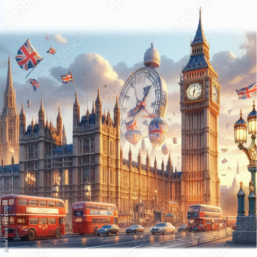 Famous British clock tower Big Ben isolated, vector, illustration, EPS10
