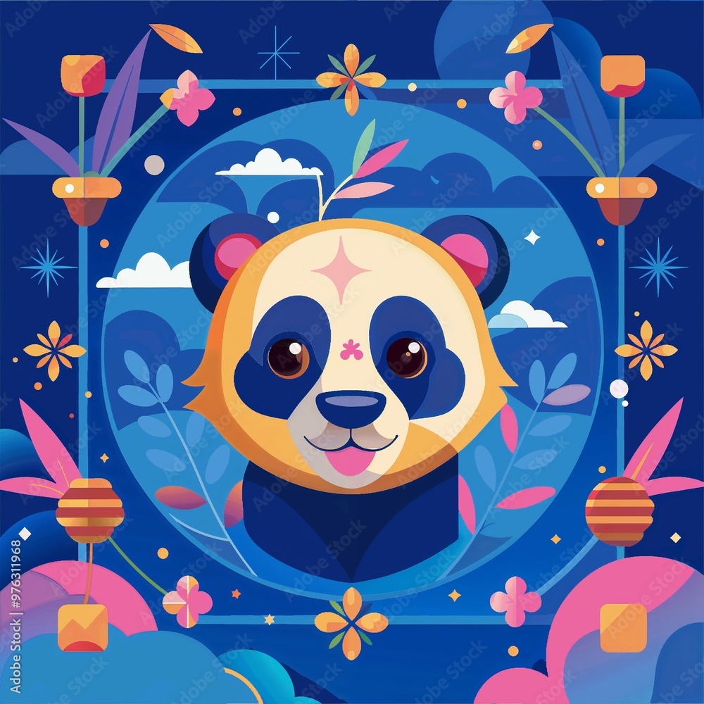 Cheerful panda with festive decorations smiling against whimsical blue night sky background Cheerful panda with festive decorations smiling against whimsical blue night sky background
