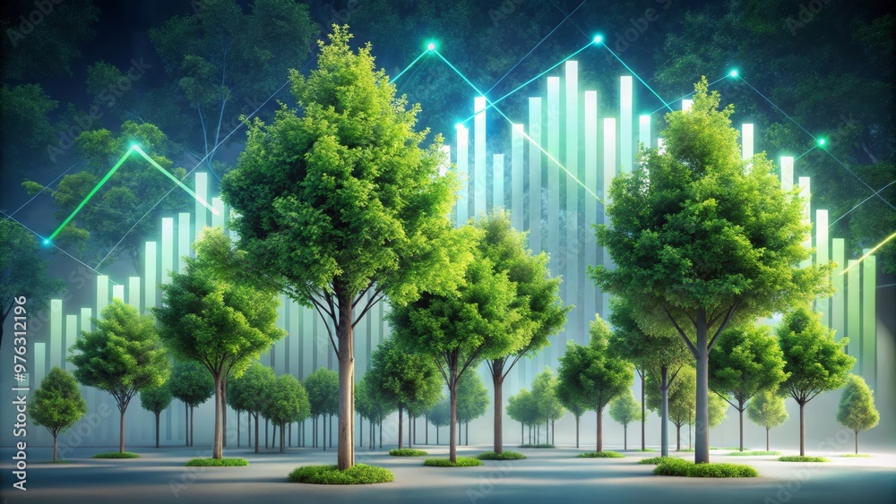 Naklejka premium A lush forest scene with vibrant trees and digital graphs, symbolizing growth and sustainability in nature and technology.