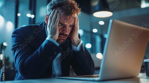 An overly stressed businessman who works with many computers at once photo