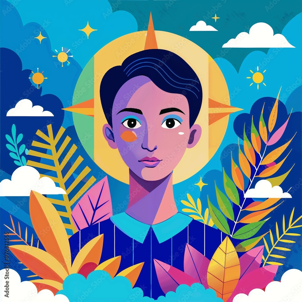 Serene person with radiant halo contemplating against colorful tropical background Serene person with radiant halo contemplating against colorful tropical background
