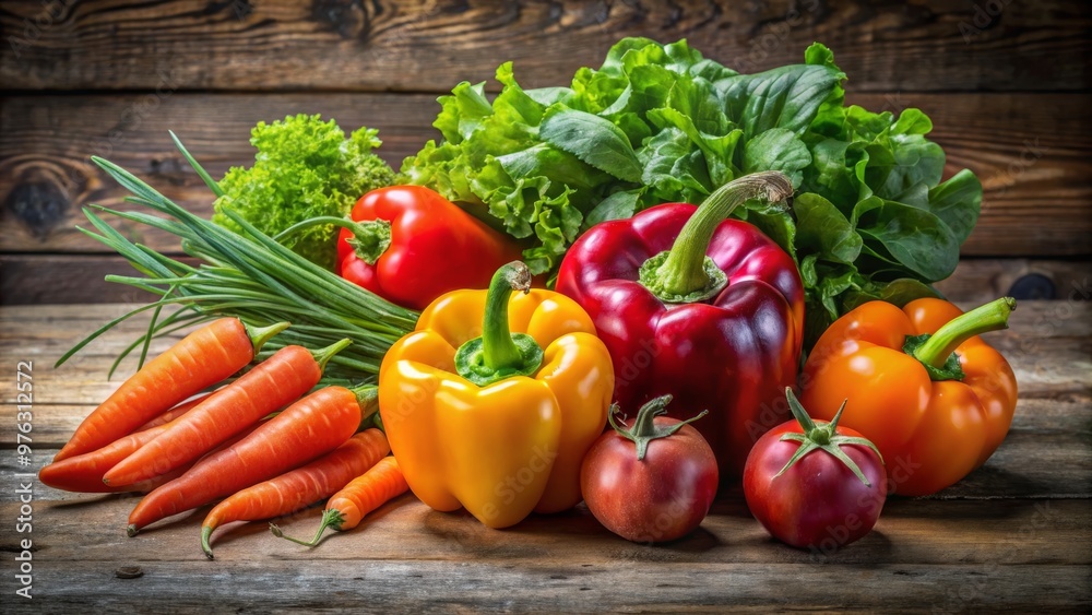 Vibrant assortment of fresh vegetables arranged beautifully on wooden background, perfect for healthy eating and cooking concepts. Vibrant assortment of fresh vegetables arranged beautifully on wooden background, perfect for healthy eating and cooking concepts.