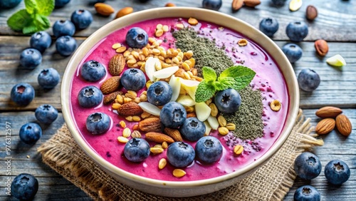 Vibrant smoothie bowl topped with fresh blueberries, almonds, and seeds, served on a rustic wooden table. photo