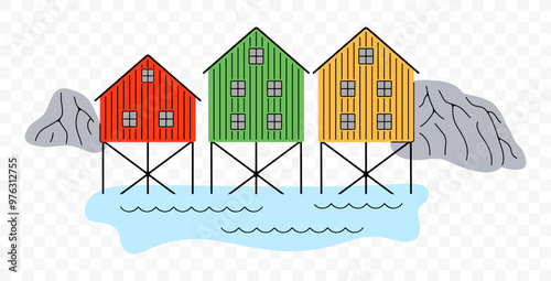 Norwegian fishing village on stilts, graphic design. Houses on stilts, rocks, sea and nature, vector design and illustration
