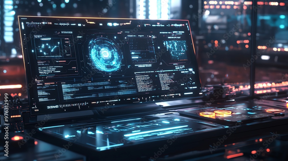 A futuristic computer screen displays data and code with a blue and orange glow. A futuristic computer screen displays data and code with a blue and orange glow.