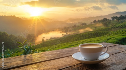 On the wooden table is a hot cup of tea surrounded by sacking and the background is a tea plantation