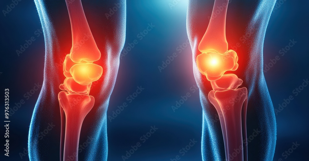 Detailed illustration of knee pain highlighting inflamed joints and discomfort with a focus on anatomy and medical conditions