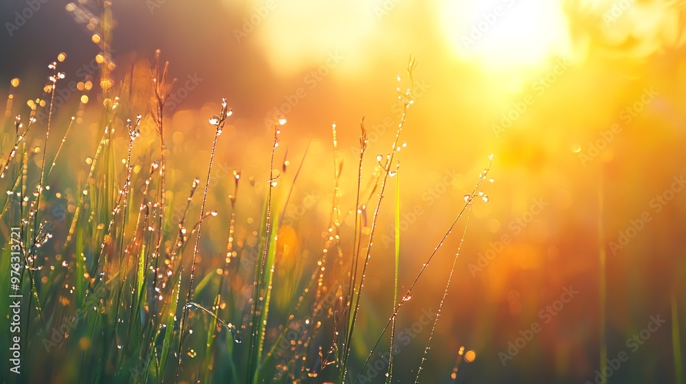 Dew-covered blades of grass shimmer in the warm glow of a sunrise.