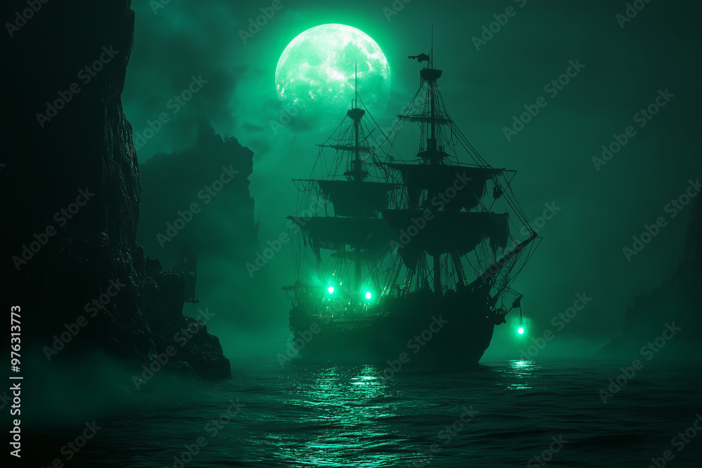 Mysterious Ghost Ship Sailing Under Full Moon in Foggy Night Sea