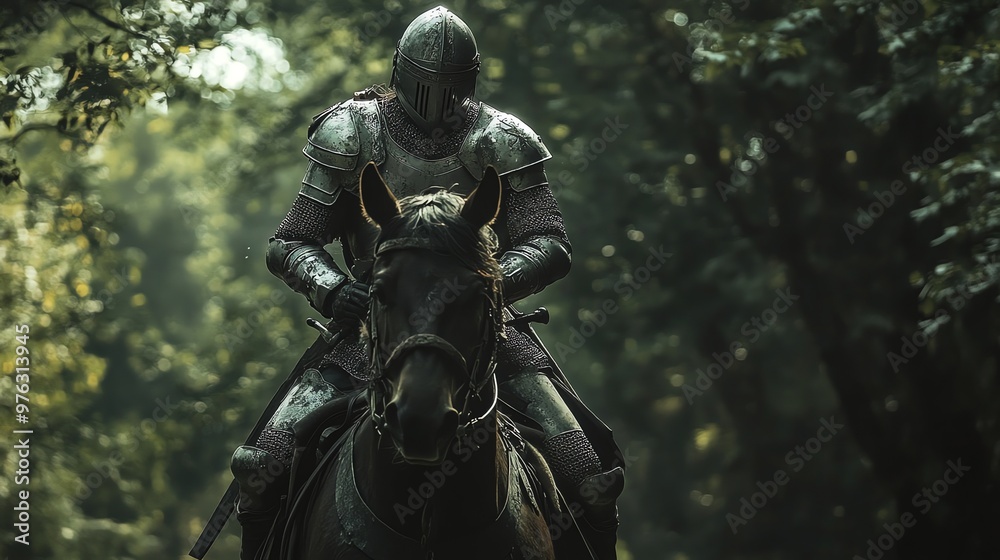 Fototapeta premium A knight in full armor rides a black horse through a dark forest.