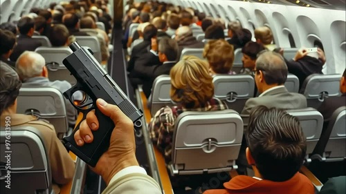 Airplane passengers sitting in a tense atmosphere, while a person holds a knife in the foreground

