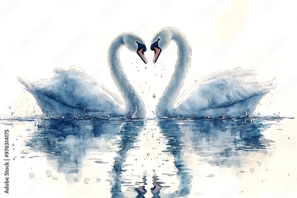 Fototapeta premium Watercolor illustration of two swans forming a heart shape on water