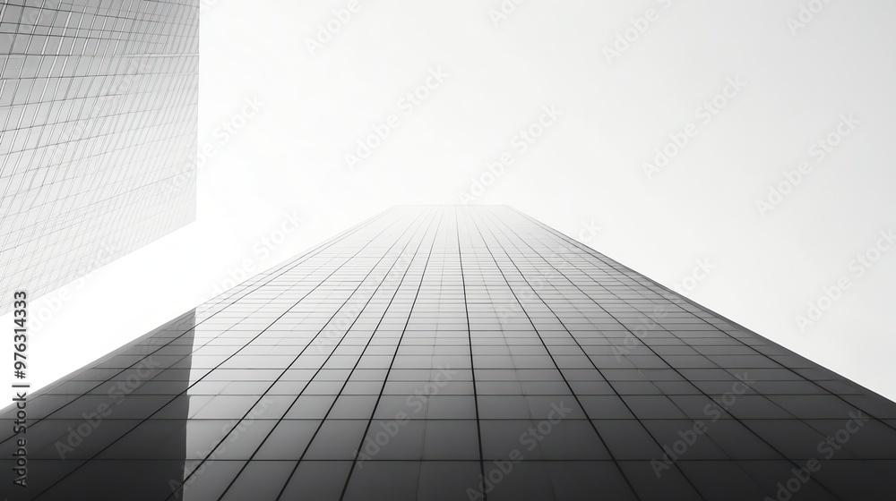 A low angle view of a tall building reaching towards a bright, white sky. A low angle view of a tall building reaching towards a bright, white sky.