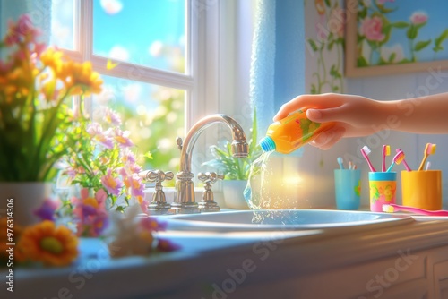 A sunny kitchen scene with flowers and bubbles. A hand holds a bubble wand by the sink. Bright colors shine through the window. Cheerful and uplifting vibes. Generative AI photo