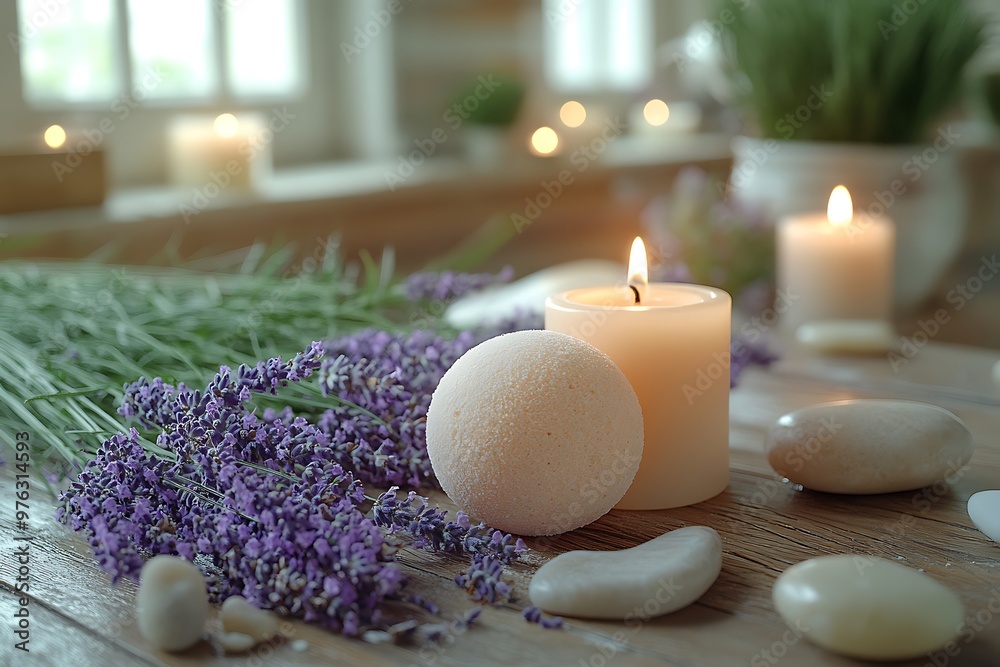 Spa-style setup with candles, bath bombs, and lavender on a wooden table