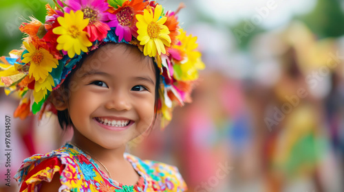 Photo of a happy Filipino child wearing a colorful costume at a traditional festival in the city