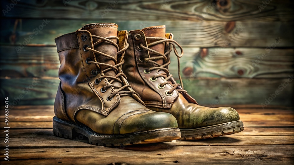 Worn Military Boots on Wooden Floor with Rustic Background Worn Military Boots on Wooden Floor with Rustic Background