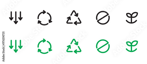 Reduce, reuse, recycle ,refuse and rot icon set. Arrows symbol , triangle recycling arrows icon. arrow sync rotation outline icons. vector editable stroke,  Recycled eco icon. Vector illustration.
