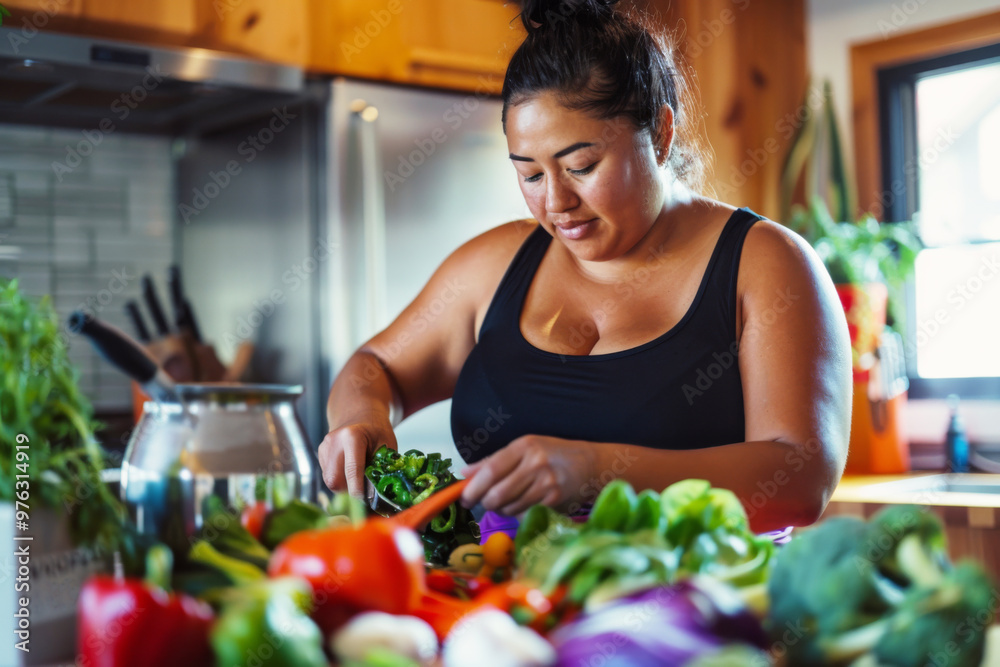 Woman chopping fresh vegetables on a kitchen counter, preparing a healthy meal with colorful ingredients and natural light. Woman chopping fresh vegetables on a kitchen counter, preparing a healthy meal with colorful ingredients and natural light.