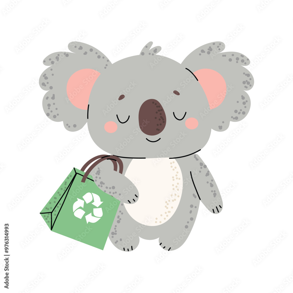 Adorable koala holding an eco bag with a recycling symbol. Promoting sustainability, zero waste, and eco-conscious lifestyle. Flat vector childish illustration isolated on white background. Adorable koala holding an eco bag with a recycling symbol. Promoting sustainability, zero waste, and eco-conscious lifestyle. Flat vector childish illustration isolated on white background.