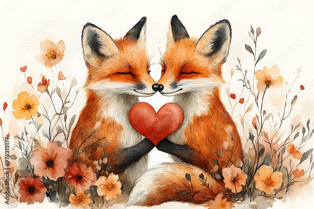 Obraz premium Two playful foxes in love holding a heart surrounded by flowers