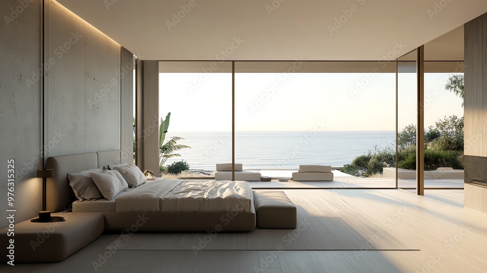 Fototapeta premium Modern bedroom with large windows overlooking the ocean.