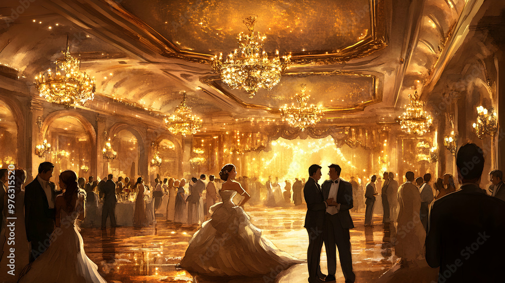 Elegant watercolor illustration of a grand ballroom with crystal chandeliers, ornate decorations, and elegantly dressed guests dancing gracefully across a polished floor