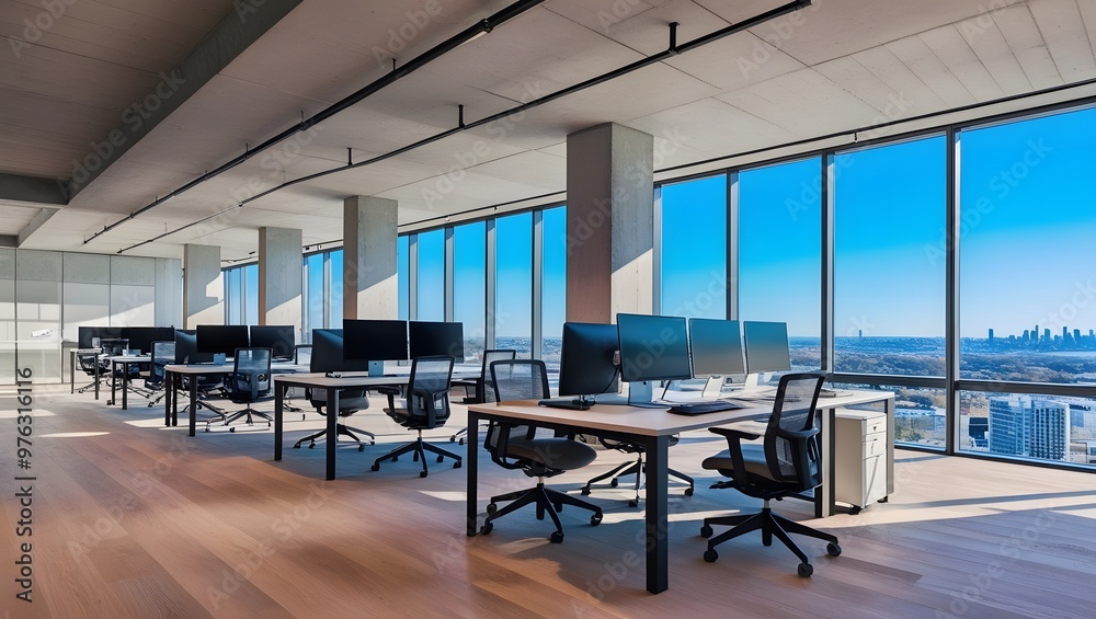 An office atmosphere filled with chairs, tables, and computers ready for work. An office atmosphere filled with chairs, tables, and computers ready for work.