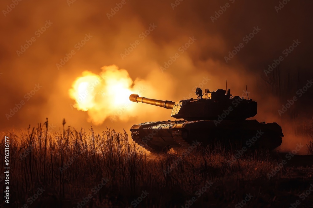 Fototapeta premium A military tank firing its main gun in darkness, creating a dramatic burst of flame and light against a night sky