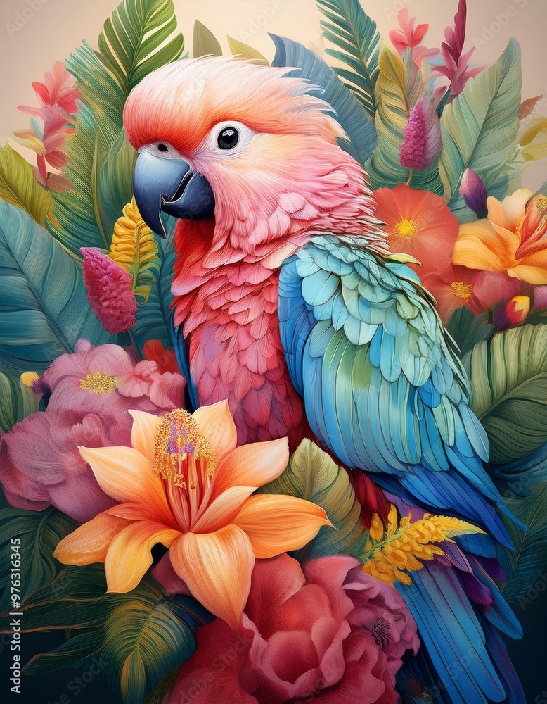 Obraz premium In a beautiful and vibrant painting, a colorful and exotic parrot is perched gracefully on a plentiful pile of assorted flowers