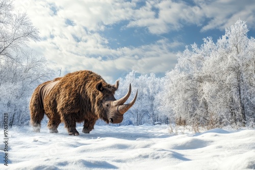 A prehistoric woolly rhinoceros stands in a snowy winter landscape with frost-covered trees and a cloudy sky, creating a scene of ancient wildlife in an icy environment photo