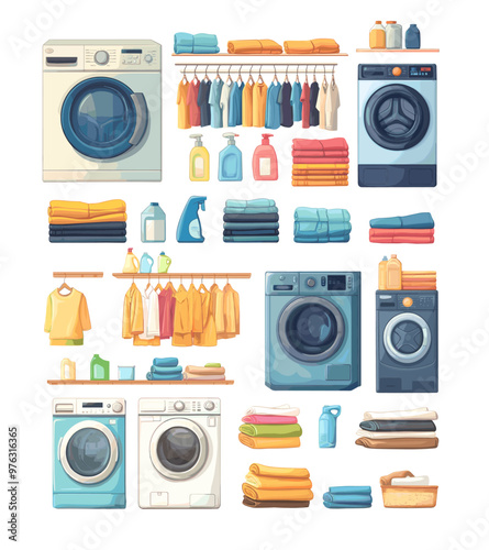 Cartoon laundry equipment. Washing machine soap wash powders conditioners detergent bottles, rack with dry clothes on hangers, clean towels household textile stacks and basket, isolated vector set