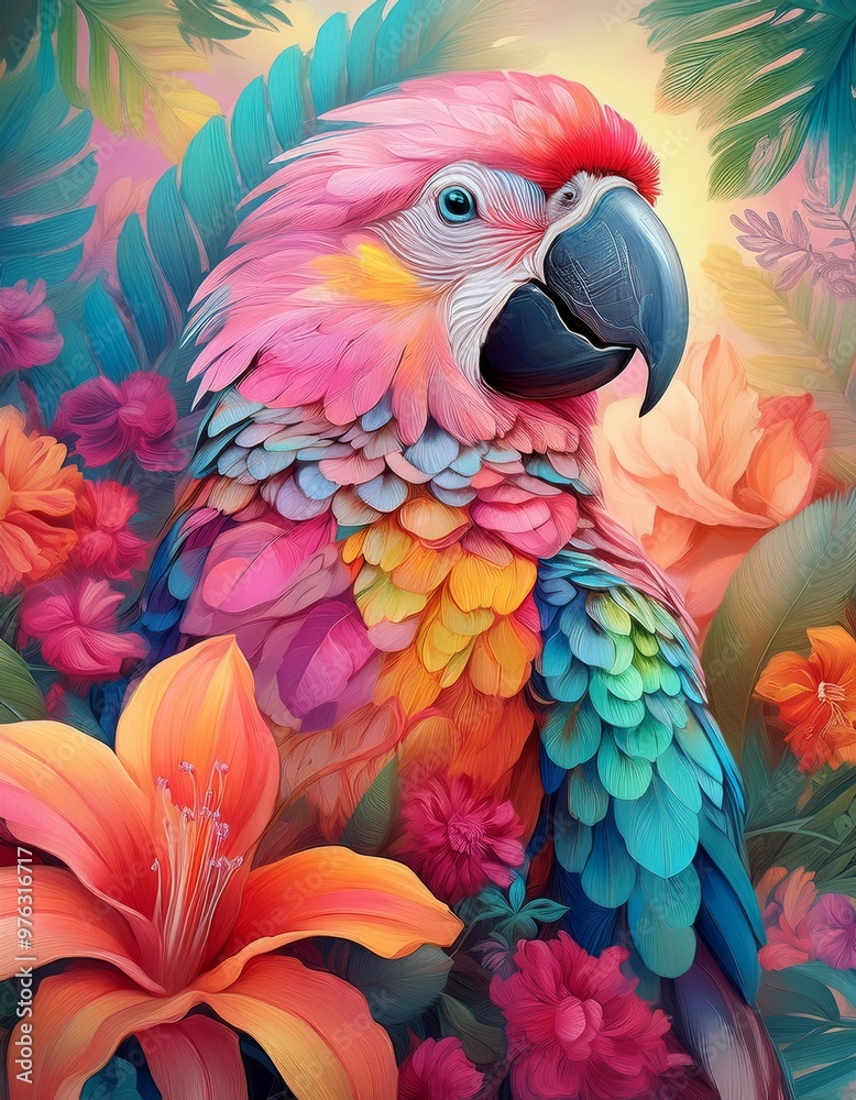 Obraz premium In a beautiful and vibrant painting, a colorful and exotic parrot is perched gracefully on a plentiful pile of assorted flowers