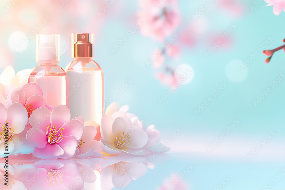 Two elegant skincare product bottles are placed among soft pink flowers, creating a serene and inviting atmosphere, perfect for beauty lovers and skincare enthusiasts Two elegant skincare product bottles are placed among soft pink flowers, creating a serene and inviting atmosphere, perfect for beauty lovers and skincare enthusiasts