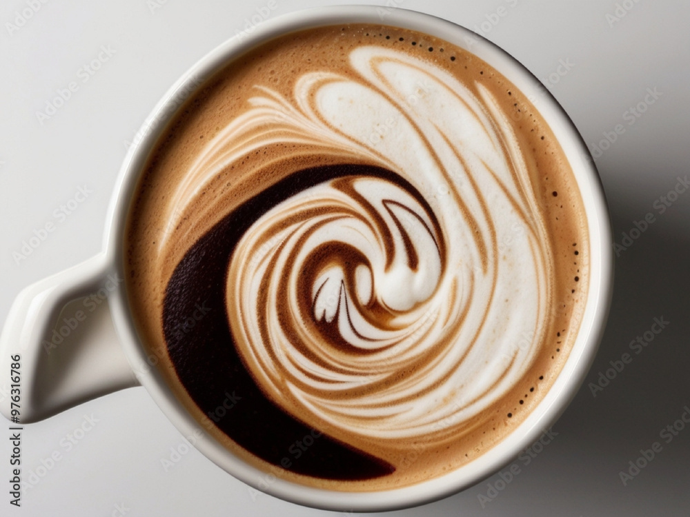 A latte with intricate foam art in a minimalist black coffee mug, placed on a white background. A latte with intricate foam art in a minimalist black coffee mug, placed on a white background.