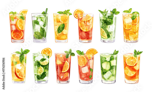 Cartoon lemonade. Lemon grape citrus juice with ice cubes and mint in glass, cooled orange frosty summer icy drinks, mojito beach bar beverages alcohol cocktails, isolated vector set