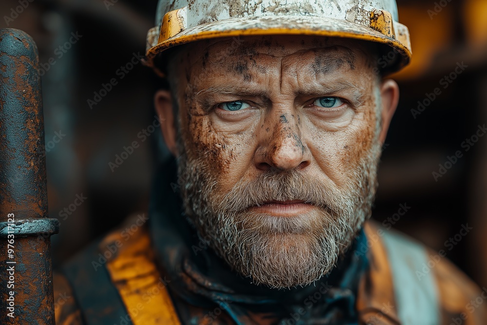 A man with a dirty face and a hard hat on. He looks angry and tired. He is wearing a yellow vest A man with a dirty face and a hard hat on. He looks angry and tired. He is wearing a yellow vest