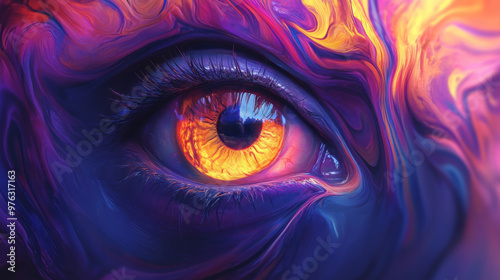 Abstract dreamlike motivational image. Illustration of person being in a dream in imaginary world. Observation. Eye looking at you.